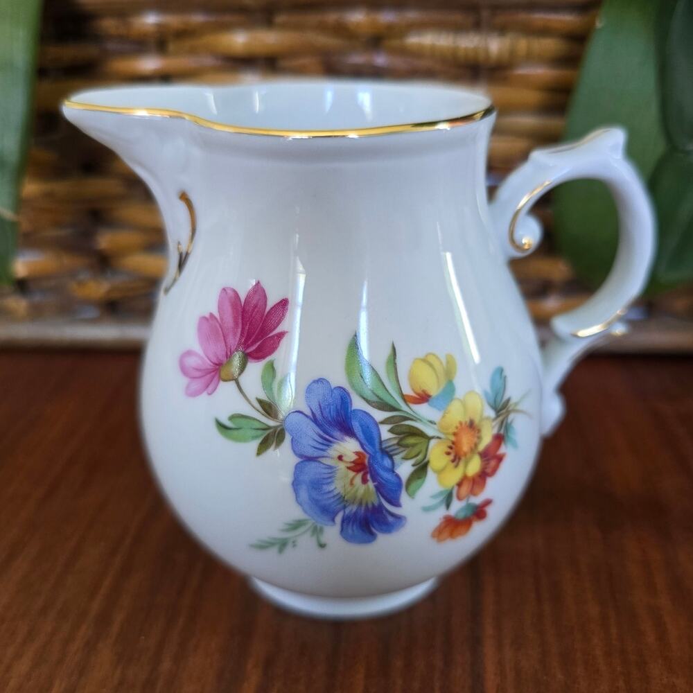 Furstenberg Germany Porcelain Creamer Pitcher Floral Gold Accent Cottagecore